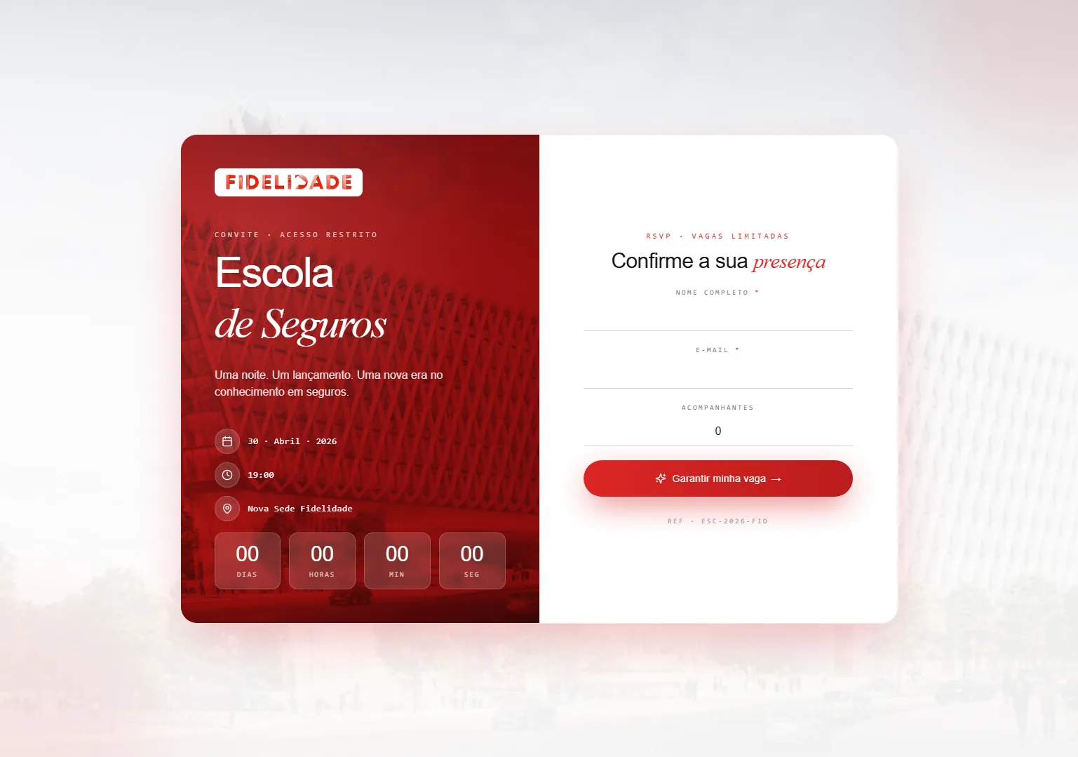 Página de convite da Escola de Seguros, com confirmação de presença e contagem regressiva
