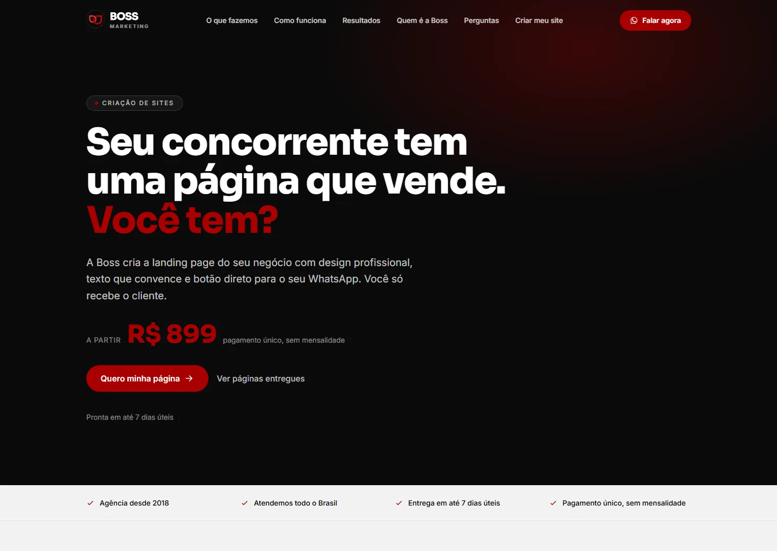Landing page da Boss Marketing, agência de criação de sites