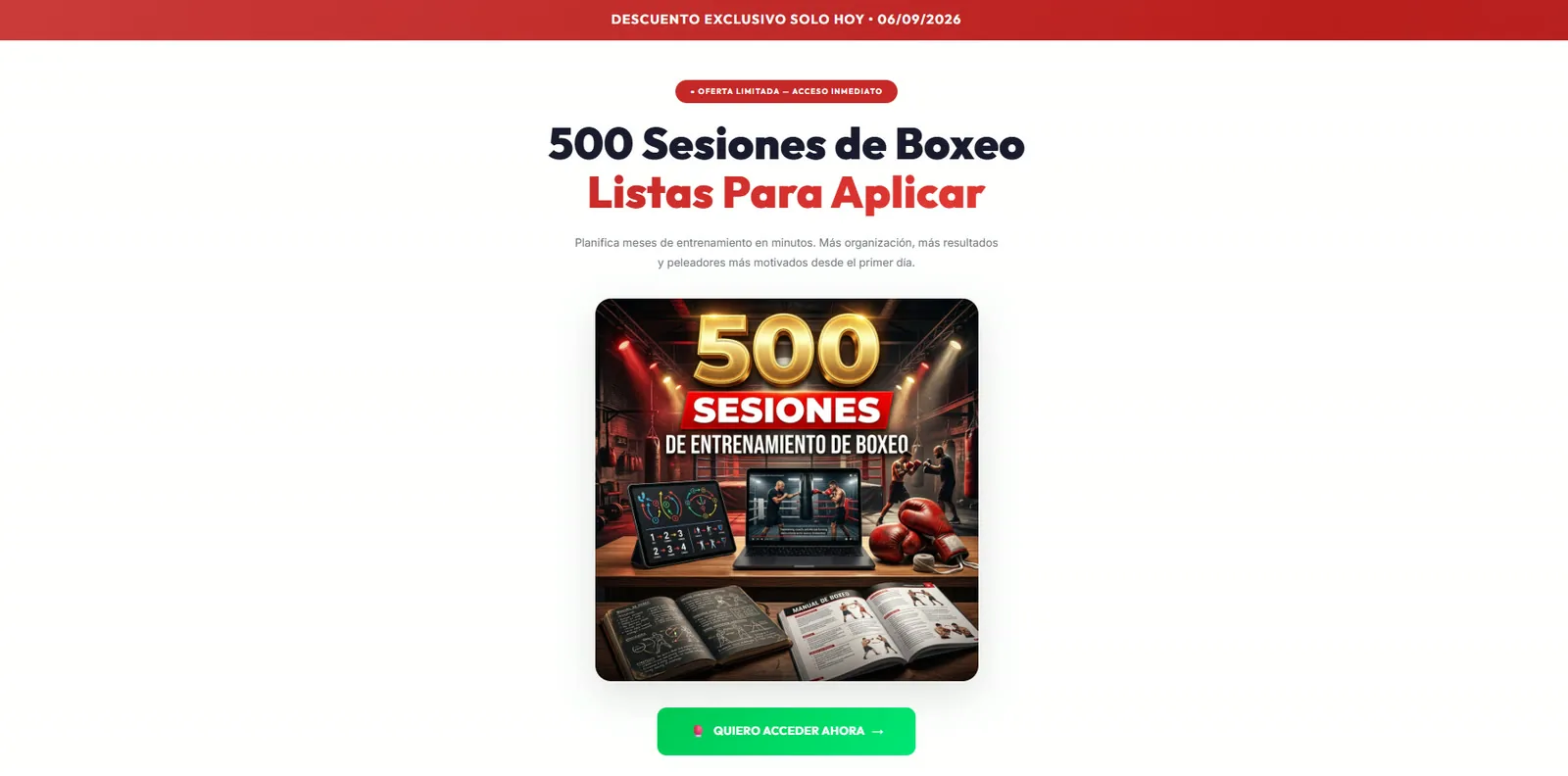 Página de vendas em espanhol de 500 sessões de treino de boxe