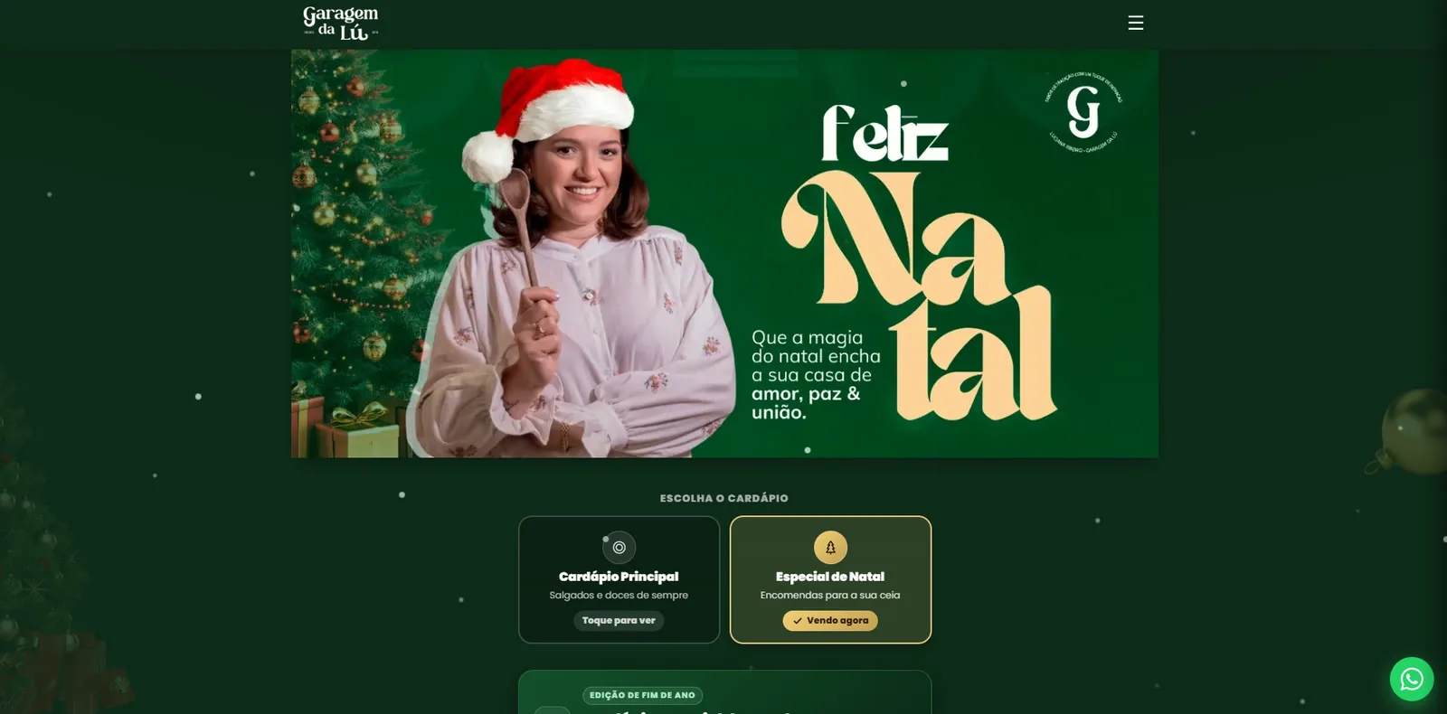Site da Garagem da Lú, com cardápio de salgados e doces por encomenda