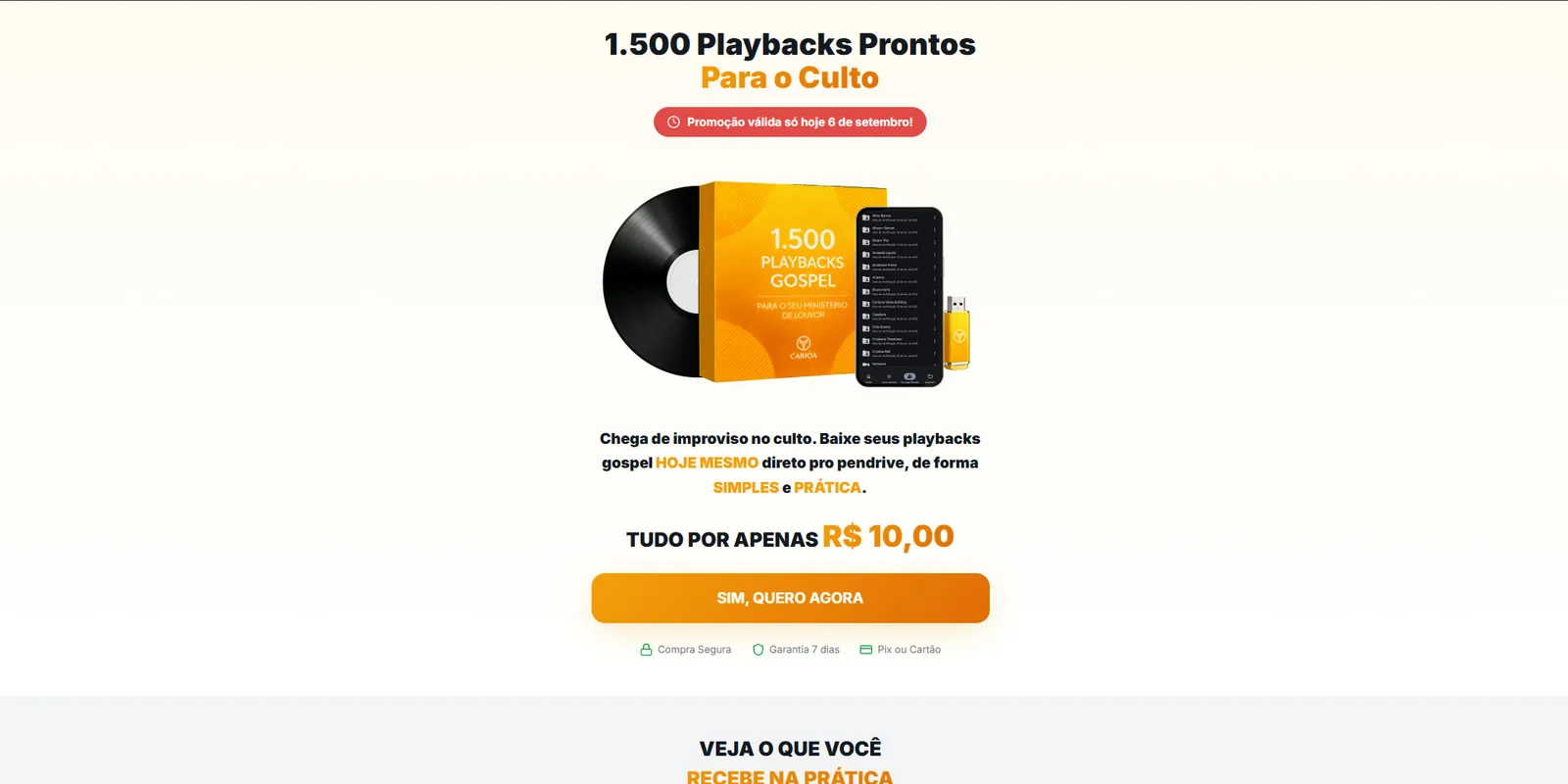 Página de vendas de 1.500 playbacks gospel para ministérios de louvor