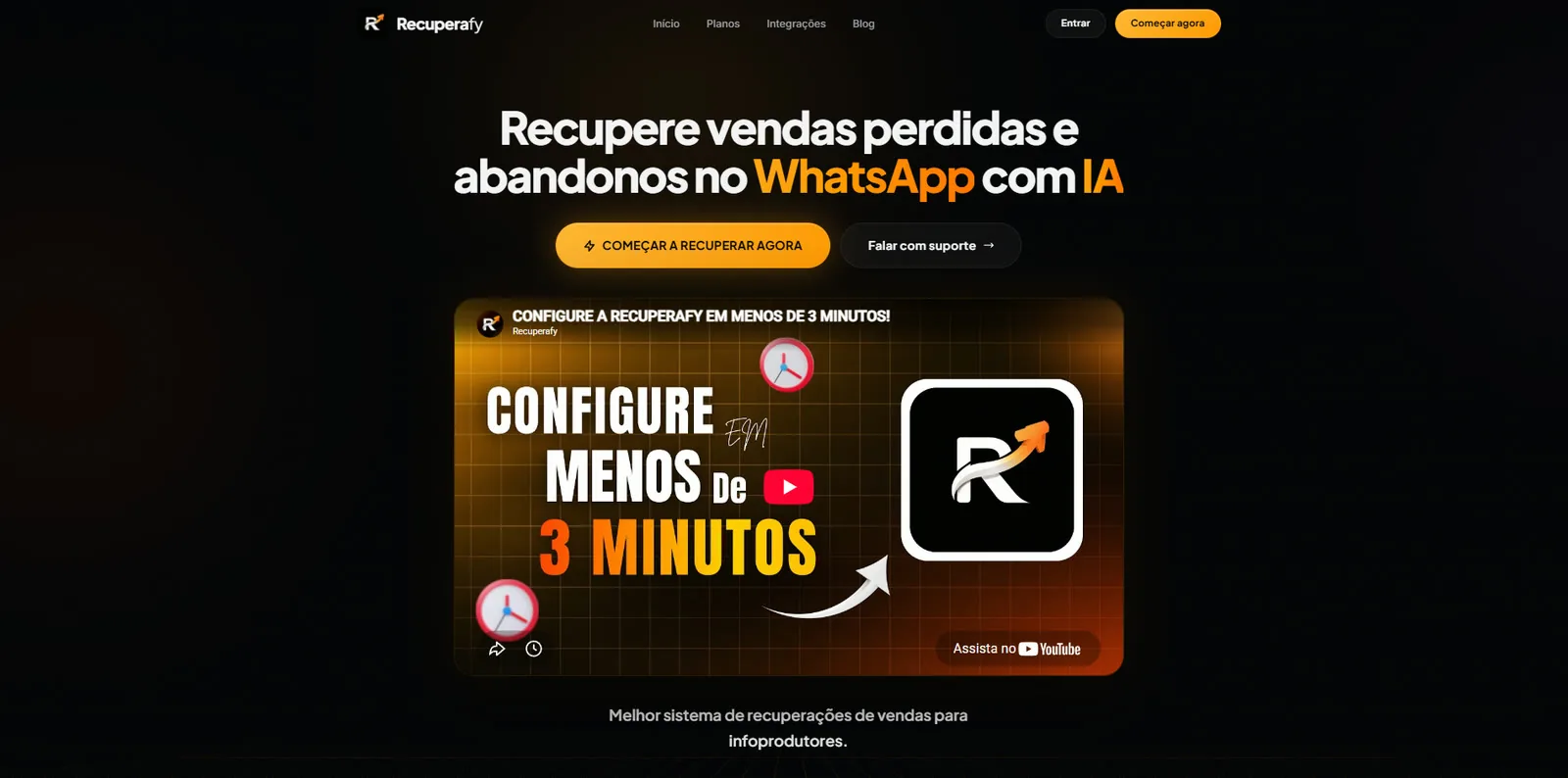 Site da Recuperafy, sistema de recuperação de vendas no WhatsApp com IA