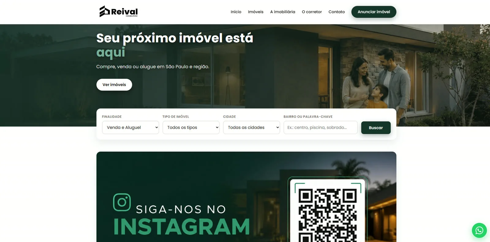 Site da Reival Imobiliária, com busca de imóveis por cidade e bairro