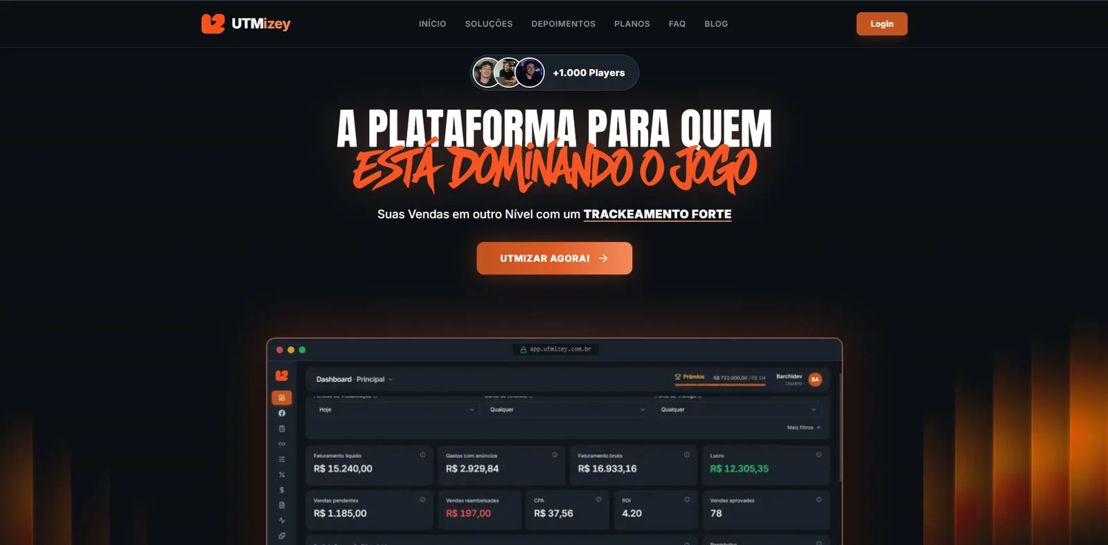 Site da UTMizey, plataforma de rastreamento de vendas, com dashboard de faturamento e ROI